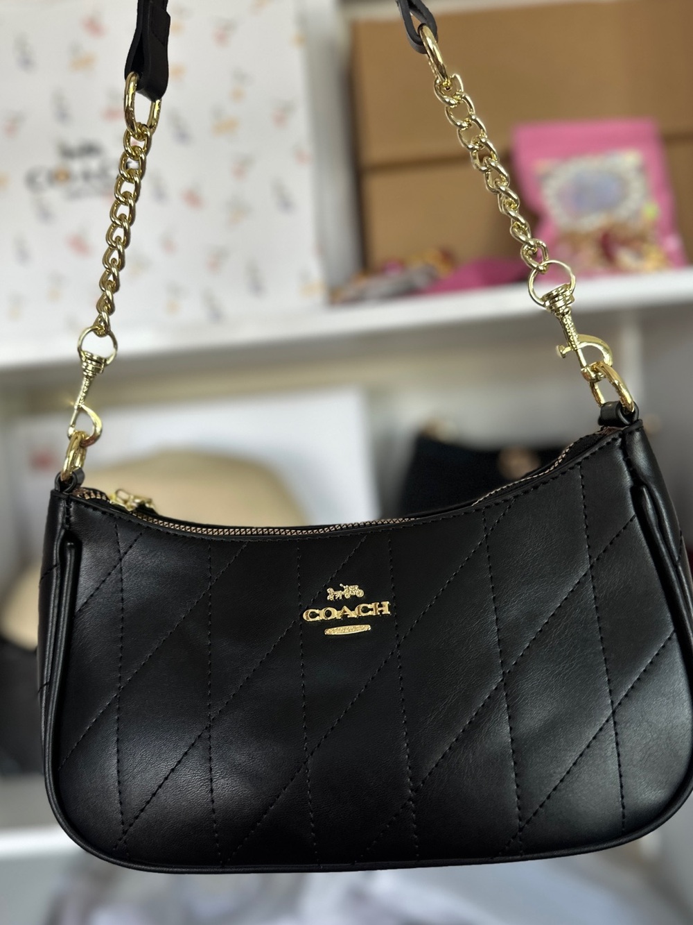 Coach Black Quilted Leather Shoulder Bag with Gold Hardware